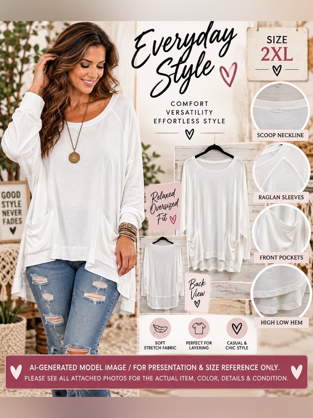 White Oversized Pocket High Low Raglan Tunic Top 2XL
